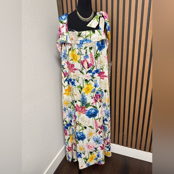 Anne Klein White Floral Midi Dress with Blue, Yellow & Pink Flowers - Picture 3 of 6
